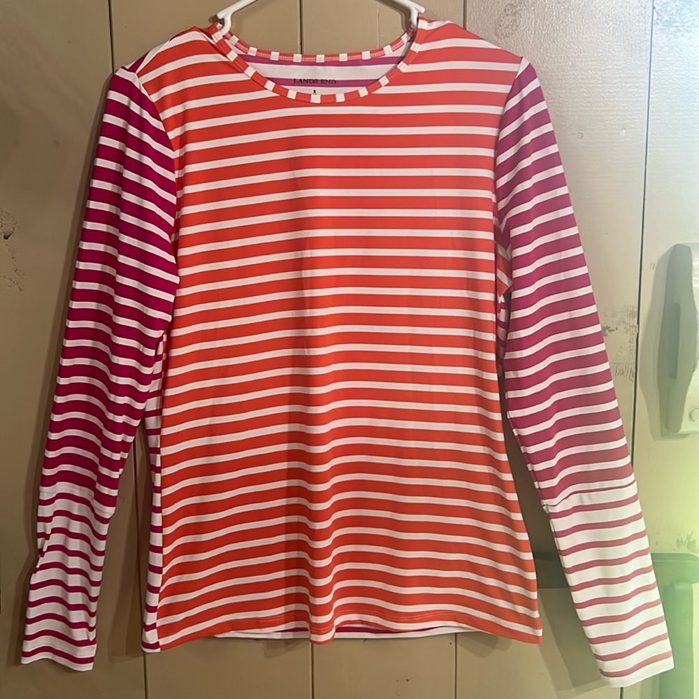 Lands’ End long sleeve shirt small orange pink white stripes outdoor hiking fall